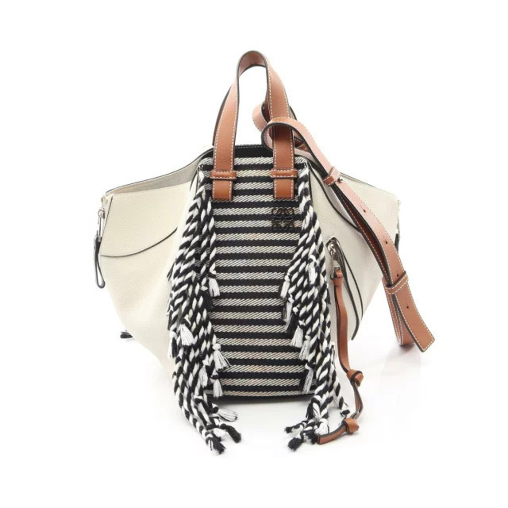 Loewe HAMMOCK Fringe Border Handbag Leather Canvas White Black Brown